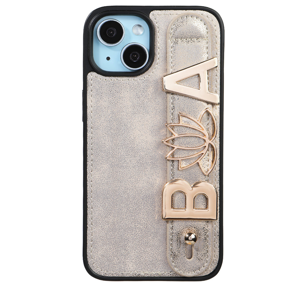 iPhone 14 Kişiye Özel Harfli Deri Telefon Kılıfı Gri