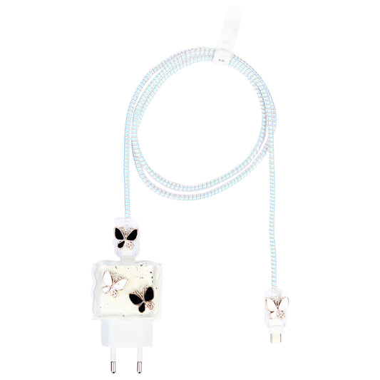 Şarj Başlığı ve Kablo Koruyucu 4 lü Set Siyah Ve Beyaz Kelebek