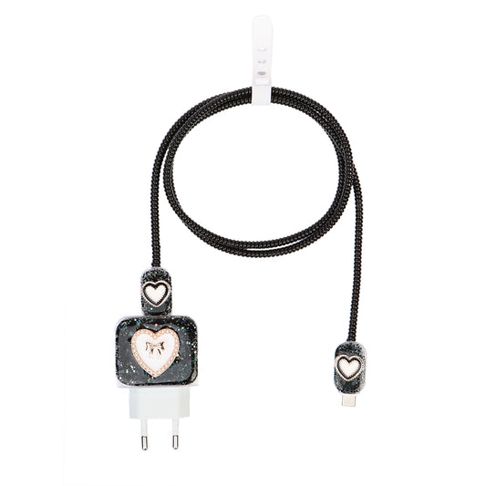 Şarj Başlığı ve Kablo Koruyucu 4 lü Set Siyah Kalpli