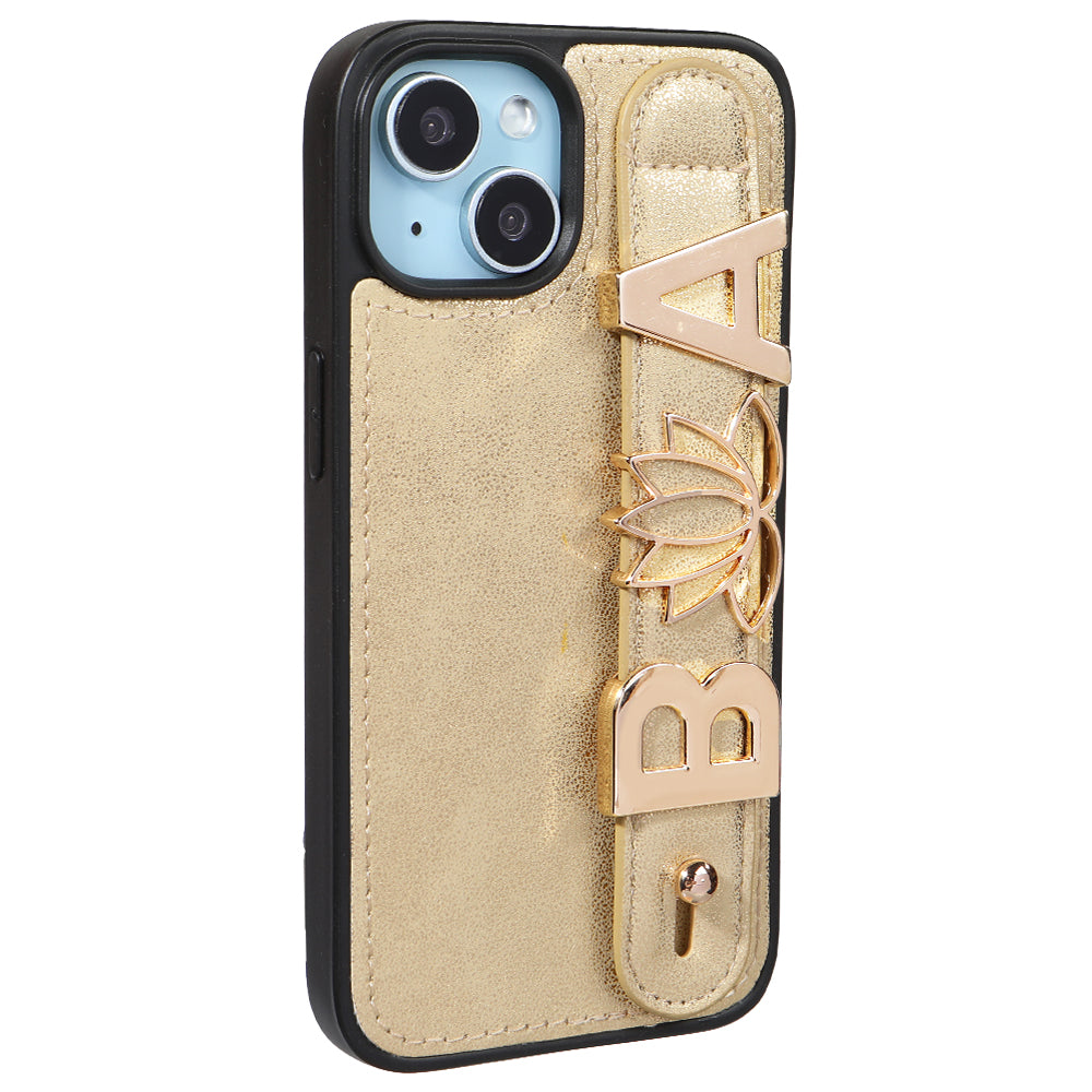 iPhone 14 Kişiye Özel Harfli Deri Telefon Kılıfı Gold