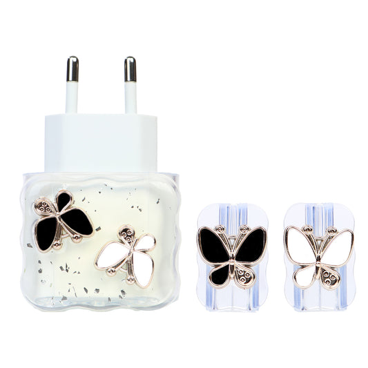 Şarj Başlığı ve Kablo Koruyucu 4 lü Set Siyah Ve Beyaz Kelebek