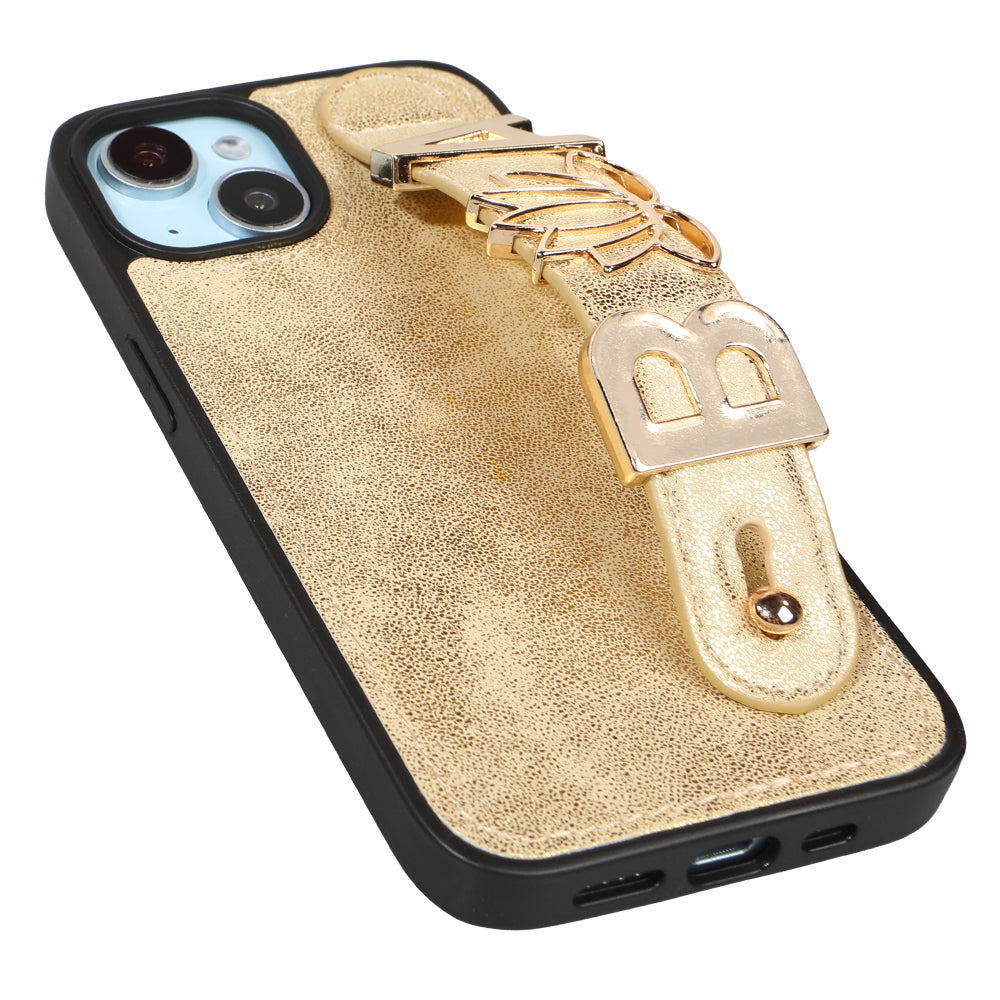 iPhone 14 Kişiye Özel Harfli Deri Telefon Kılıfı Gold