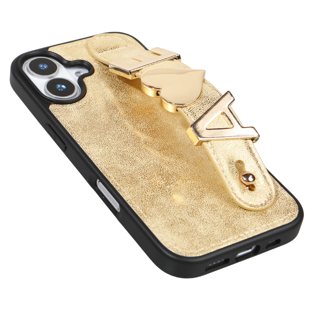 iPhone 17 Kişiye Özel Harfli Deri Telefon Kılıfı Gold