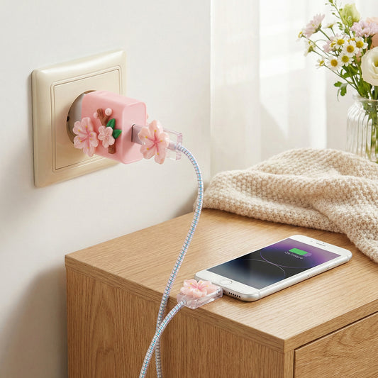 Şarj Başlığı ve Kablo Koruyucu 4 lü Set Pembe Çiçekli