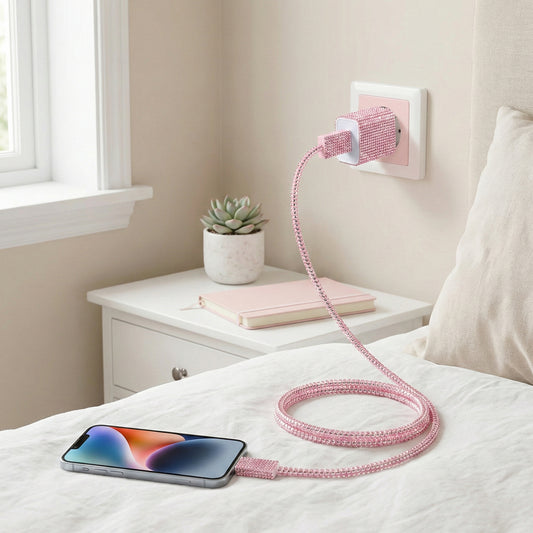 Şarj Başlığı ve Kablo Koruyucu 4 lü Set Pembe Işıltılı