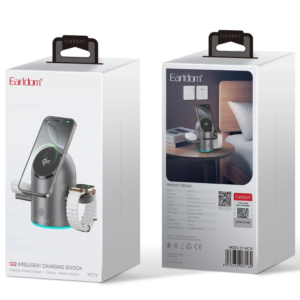 Earldom 3in1 15W Telefon 2.5W Saat ve 5W Airpods İçin Dönebilen Kablosuz Şarj Standı - Gri