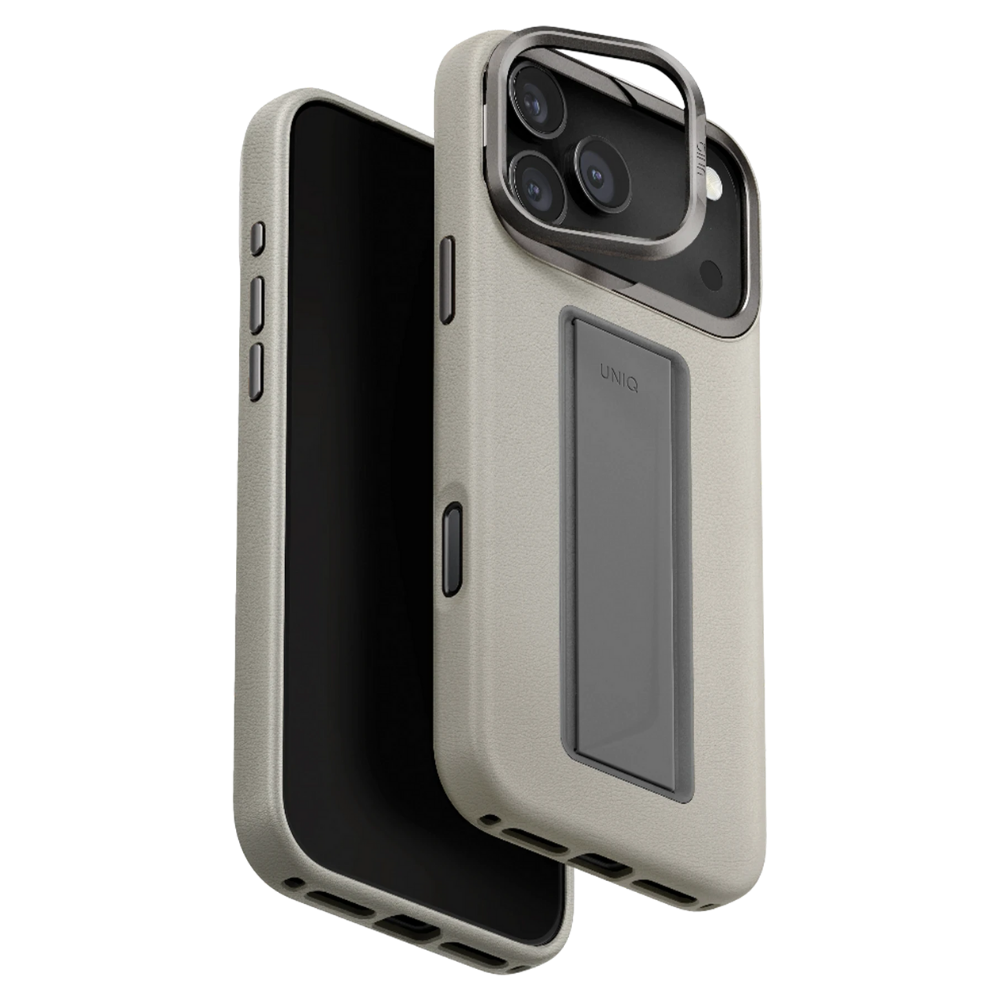 iPhone 17 Pro Max Uniq Standlı ve Tutacaklı Magsafe Vegan Deri Kılıf Gri